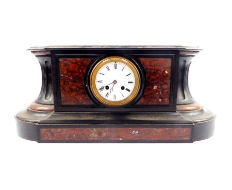 A French late 19thC slate and marble mantle clock, circular enamel dial bearing roman numerals, eight day movement with bell 