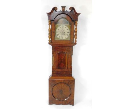 Kleiser of York. An early 19thC mahogany and rosewood longcase clock, the break arch enamel dial and spandrels painted with c