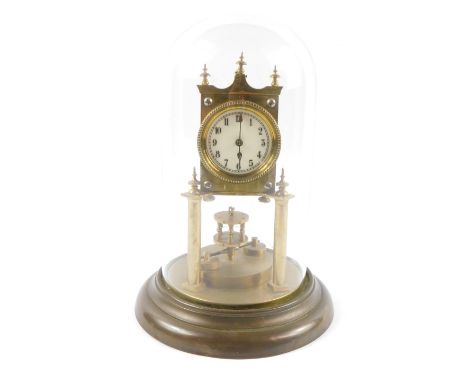 A Continental 400 Day anniversary clock, circular enamel dial bearing Arabic numerals, conventional movement, the brass case 