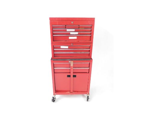 A red metal modern tool cabinet, with an arrangement of drawers, and a cupboard on castors, together with contents of tools, 