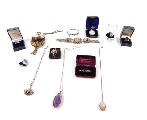 Silver and costume jewellery, including a Bucherer lady's ring watch set with marcasites, paste set star brooch, open backed 