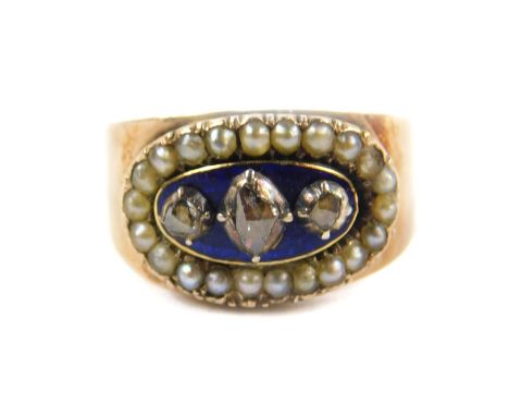 A Georgian child's diamond blue enamel and seed pearl ring, set in rose gold metal, size G, 2.9g.