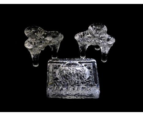An Orrefors cut glass ash tray, of square form, with a textured base, etched mark, 15.5cm Dia, together with a pair of triple