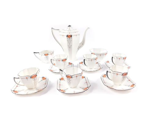An early 20thC Shelley porcelain part coffee service, decorated in the Red Daisy pattern, No 11497, printed and painted marks