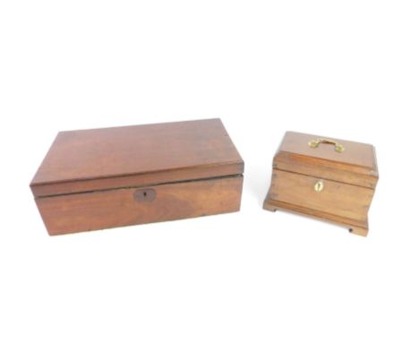 A George III mahogany tea caddy, of rectangular section, raised on a bracket feet base, with brass carrying handle, 16cm H, 2