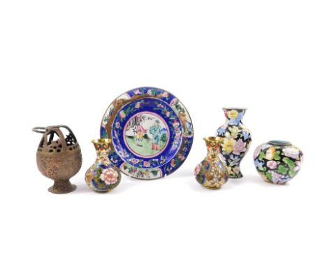 An 18thC Chinese Cantonese enamel dish, decorated with figures within borders of peaches and pomegranates, and reserve vignet