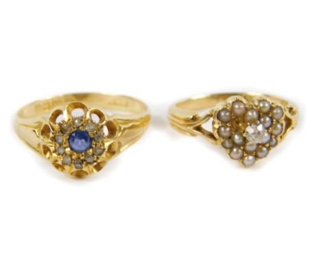 A Victorian 18ct gold diamond and sapphire ring, size Q, together with an 18ct gold seed pearl and diamond set heart shaped r