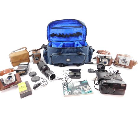 A Voigtlander Vito CL camera, Birette Junior II camera, Ilford Sportsman Camera, further cameras, lenses and flashes, etc. (q