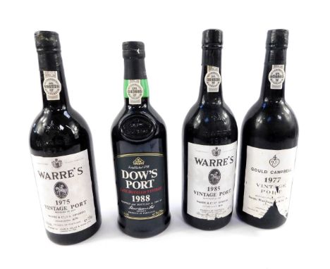 Two bottles of Warre's Vintage Port, 1975 and 1985, Gould Campbell 1977 Vintage Port, and Dow's Port Late Bottled Vintage 198
