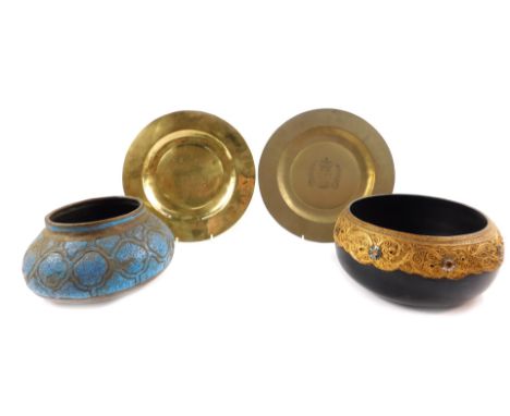 A Persian blue enamel and metal pot, decorated with panels of script, 25cm Dia, an Asian lacquer bowl with gilt scroll overla