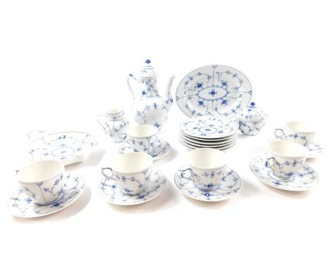 A Royal Copenhagen porcelain blue and white part coffee service, decorated in the Lace pattern, comprising coffee pot, sucrie