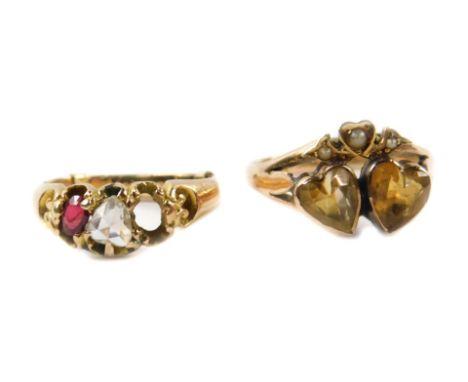 A Victorian 18ct gold citrine and seed pearl sweetheart ring, formed as two hearts, size M/N, and a Victorian diamond and rub