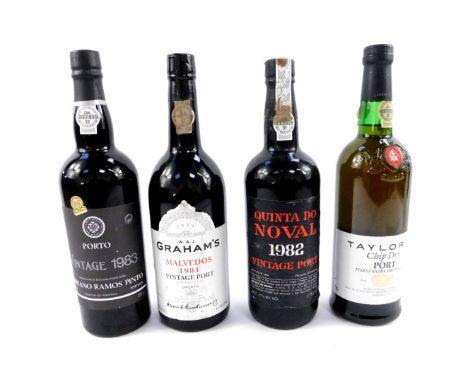 A bottle of Taylor's Chip Dry Port, Graham's Malvedos 1984 Vintage Port, Adriano Ramos Pinto Vintage 1983 Port, and Quinta Do