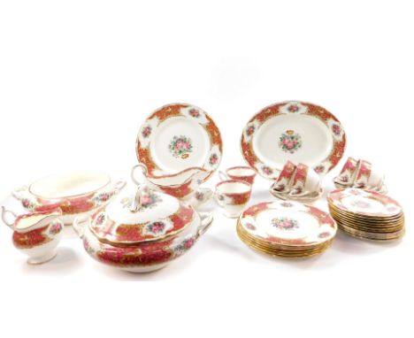 A Coalport porcelain part dinner and tea service decorated in the Montrose Pink pattern, comprising pair of vegetable tureens