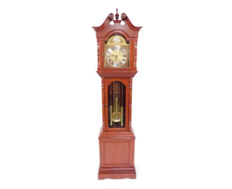 A Wai Hing Clocks Company hardwood cased long case clock, brass break arch dial, with decorative spandrels, silvered chapter 