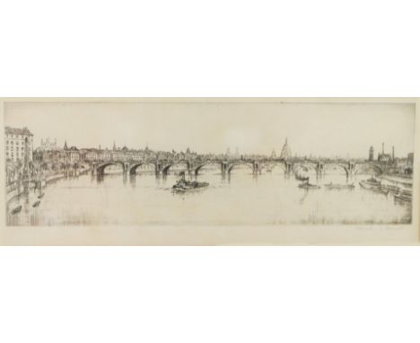 Alfred John Bennett (British, 1861-1923). Waterloo Bridge, etching, signed with blind stamp, 13.5cm x 36.5cm.