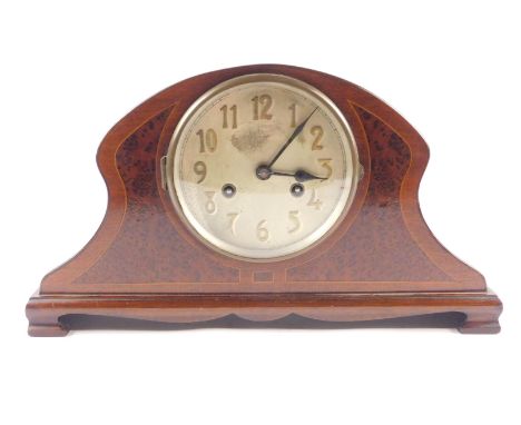 An Edwardian mahogany and bird's eye maple mantel clock, silver circular dial bearing Arabic numerals, Continental eight day 