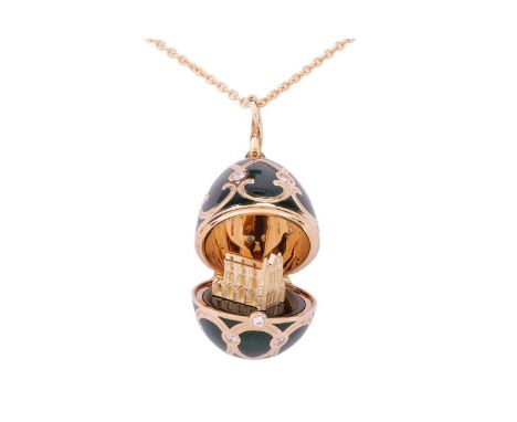 A Fabergé heritage yellow gold diamond &amp; guilloché enamel Cathedral surprise pendant, featuring green enamel with sunk se