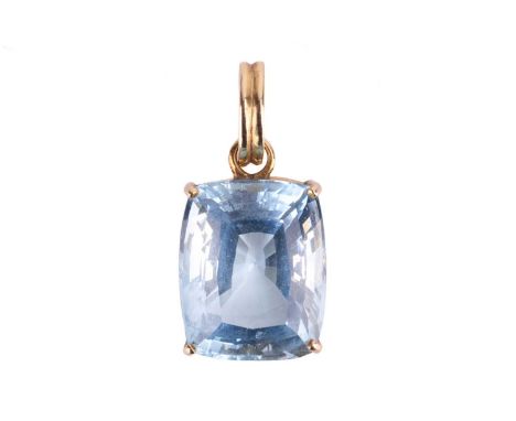 A single stone aquamarine pendant; the cushion-cut aquamarine measures 18.5 x 15 x 11 mm and is estimated to be in excess of 