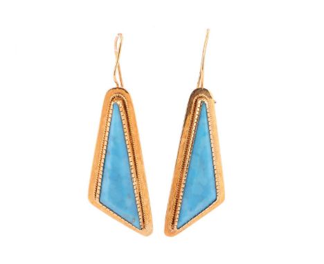 A pair of reconstituted turquoise pendant earrings; the oblique triangular drops set with reconstituted turquoise panels with