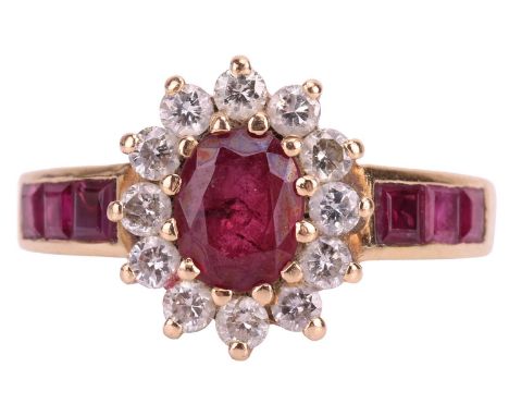 A gem-set floral cluster ring, the centrally set garnet topped doublet surrounded by twelve round brilliant diamonds, with ru