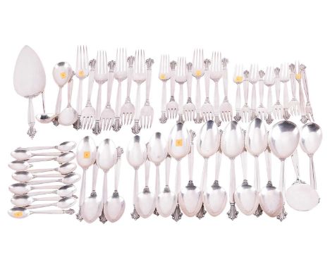 Georg Jensen:- "Acanthus" pattern flatware service comprising eight table forks, eight tablespoons, eight dessert spoons, two