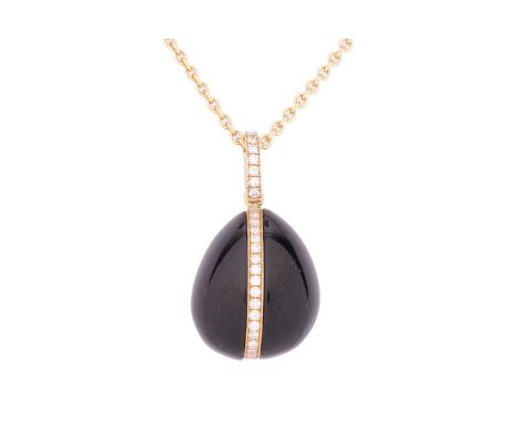 A Fabergé Whitby jet egg pendant, the cabochon cut gemstones set in 18ct yellow gold and featuring a row of claw set round br