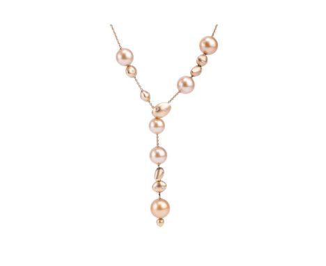An unworn Mikimoto Gold South Sea cultured pearl necklace sunk set with round brilliant cut diamonds, the golden pearls measu