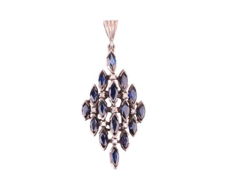 A sapphire and diamond pendant, of lozenge-shaped and set with sixteen marquise-cut sapphires and nine brilliant-cut diamond 