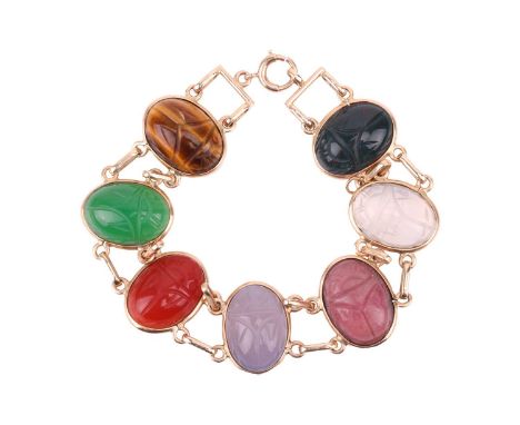 A scarab link bracelet set with multi-gemstones, including tiger's eye, chalcedony, rhodonite, moonstone and bloodstone, carv