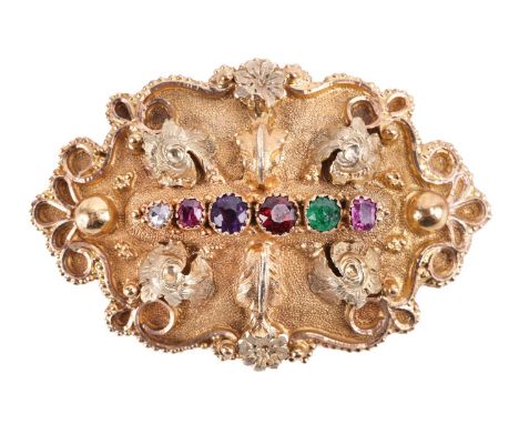 An early 19th-century acrostic gem-set Regard brooch, set with a ruby, emerald, garnet, amethyst, ruby and diamond within an 