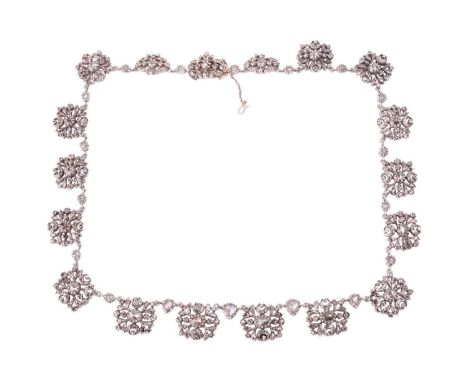 A 19th-century necklace set with rose-cut diamonds, comprising a series of graduating rectangular links with floral design, p