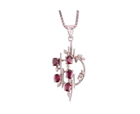 A ruby and diamond pendant on chain, of abstract geometric design, comprising five oval-cut rubies interspersed with single-c