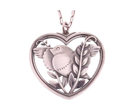 Georg Jensen - a heart-shaped pendant on a chain depicting a flying dove with olive branches, loop bail suspending from a cab