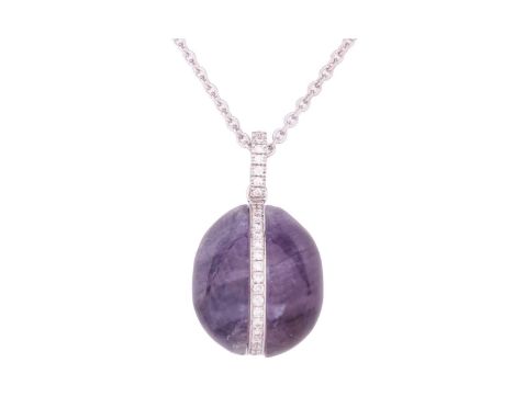 A Fabergé blue john egg pendant, the cabochon cut gemstones set in 18ct white gold and featuring a row of claw set round bril