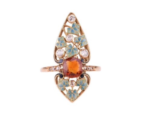 Henri Dubret - an Art Nouveau gem-set foliage panel ring, circa 1900s, the navette-shaped ring head framing pierced and ename