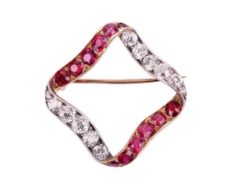 A ruby and diamond brooch in a continuous ribbon design set with cushion shape rubies and old cut diamonds, with a total esti