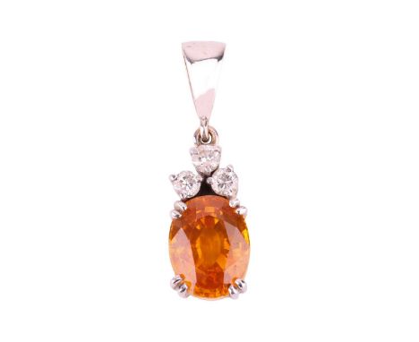 An orange sapphire and diamond pendant, the oval-cut sapphire of 11.2 x 8.9 x 5.5 mm, in double four claw mount below a trefo