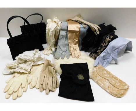 A quantity of vintage ladies kid leather, silk &amp; cotton gloves, nurses collars, 1960's Biba hair band, handbags &amp; oth