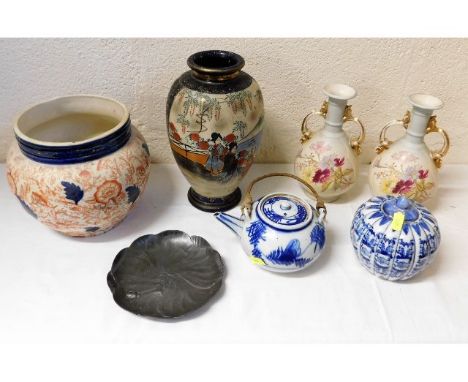 A Kayserzinn pewter trinket dish with bug decor, a Chinese teapot &amp; other decorative wares