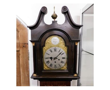 An Edwardian mahogany longcase clock with brass &amp; silvered style dial 75.5in high, fault with lock