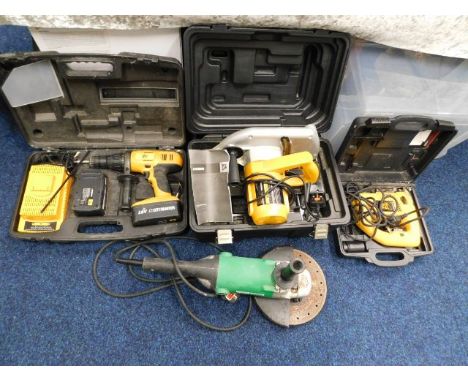 Four power tools - JCB 18v cordless drill, jigsaw, circular saw &amp; an angle grinder