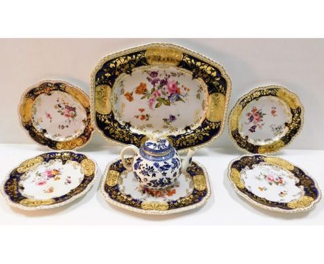 Six Rockingham style, 19thC. gilded decorative plates &amp; dishes, largest 14.25in in diameter, twinned with a Coalport blue