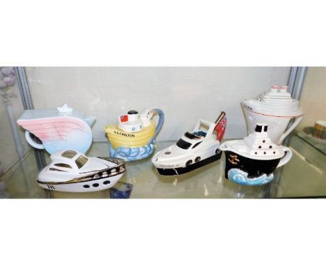 A Carlton Ware novelty teapot depicting a ship twinned with four other novelty teapots including Gary Seymour &amp; P. Cardew