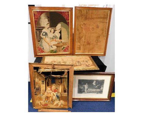 A Victorian tapestry picture in maple frame 37.5in x 32in, three others a/f &amp; an antique print