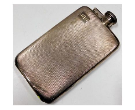 A large silver hip flask approx. 7.5in tall, 323.5g, monogrammed with initials JHM