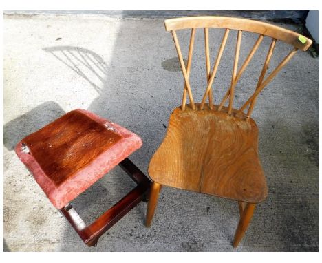 A 1950's Ercol elm seated candlestick chair twinned with a mahogany foot rest a/f
