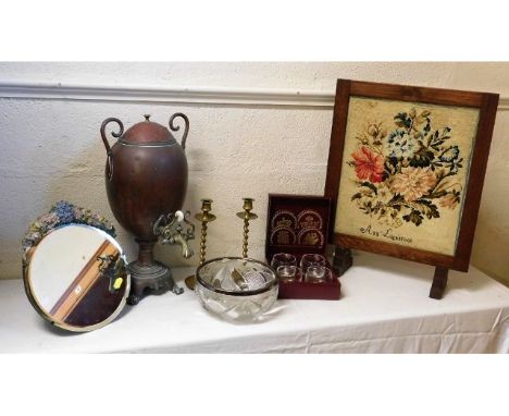 A small oak framed fire screen, a copper samovar, a decorative mirror &amp; other items