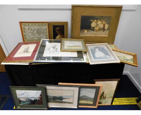 A small antique oil portrait twinned with other prints &amp; pictures
