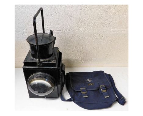 A British Rail railway workers lamp 18in high twinned with a British Rail satchel 